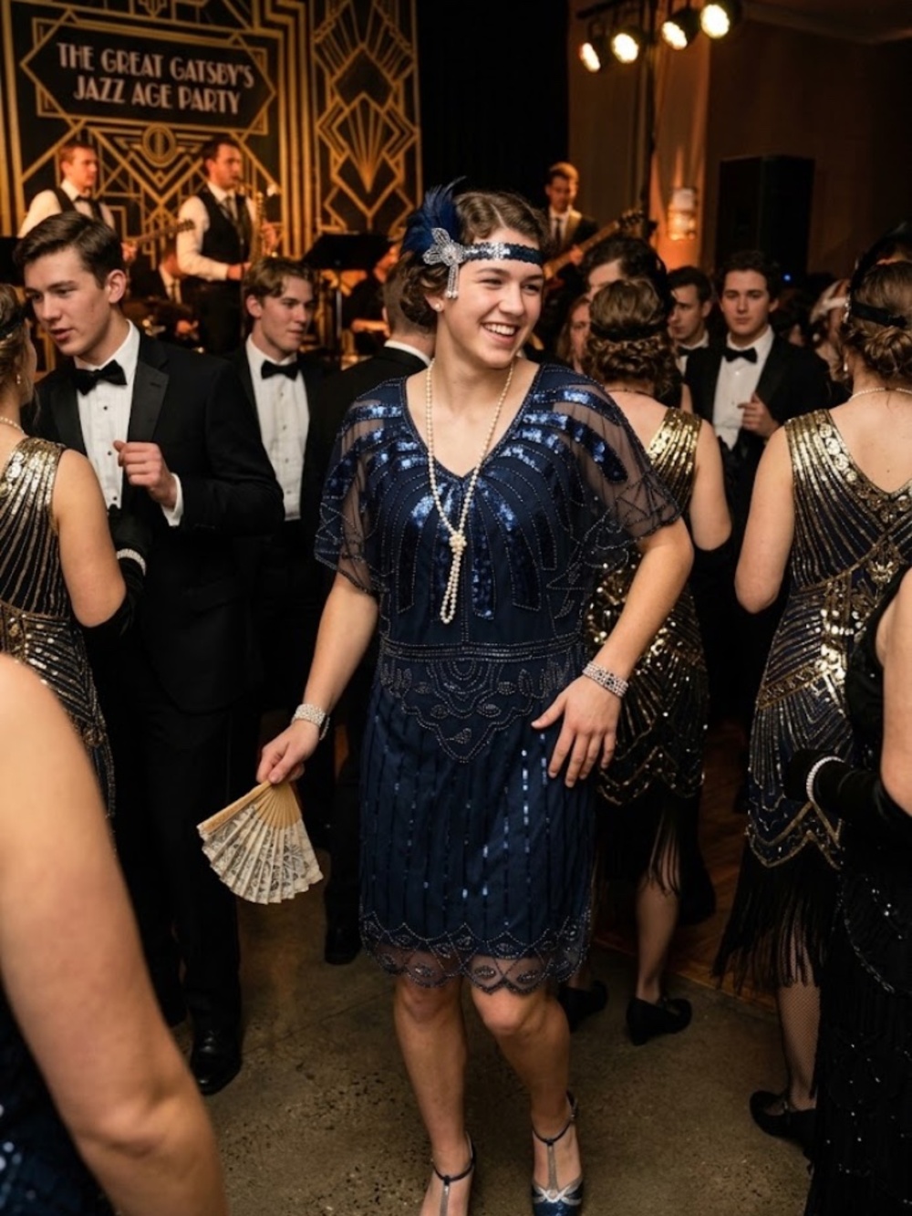Unique Vintage 1920’s Navy Beaded Mini Flapper Dress XL 14 NWT
